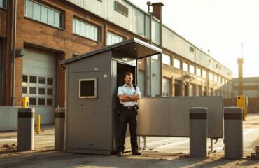 Un agent de sécurité se tient devant un poste de contrôle à l’entrée d’un site industriel, bras croisés, surveillant l’accès.