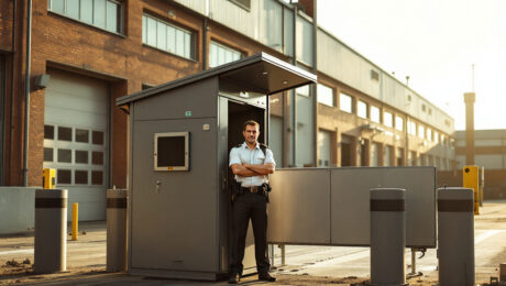 Un agent de sécurité se tient devant un poste de contrôle à l’entrée d’un site industriel, bras croisés, surveillant l’accès.