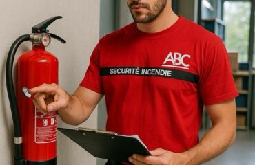Agent de sécurité incendie inspectant un extincteur dans un bâtiment.