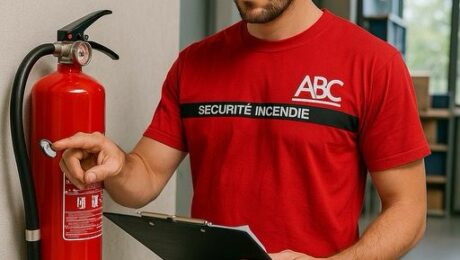 Agent de sécurité incendie inspectant un extincteur dans un bâtiment.