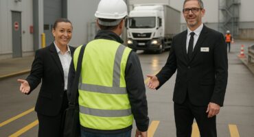Un guide accueillant une équipe de travailleurs à leur arrivée sur un site industriel, assurant une introduction fluide et conforme aux normes de sécurité.