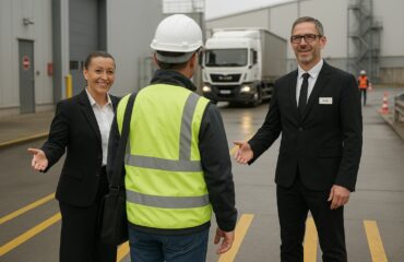 Un guide accueillant une équipe de travailleurs à leur arrivée sur un site industriel, assurant une introduction fluide et conforme aux normes de sécurité.
