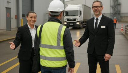 Un guide accueillant une équipe de travailleurs à leur arrivée sur un site industriel, assurant une introduction fluide et conforme aux normes de sécurité.
