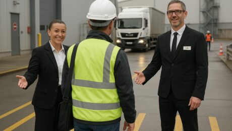Un guide accueillant une équipe de travailleurs à leur arrivée sur un site industriel, assurant une introduction fluide et conforme aux normes de sécurité.